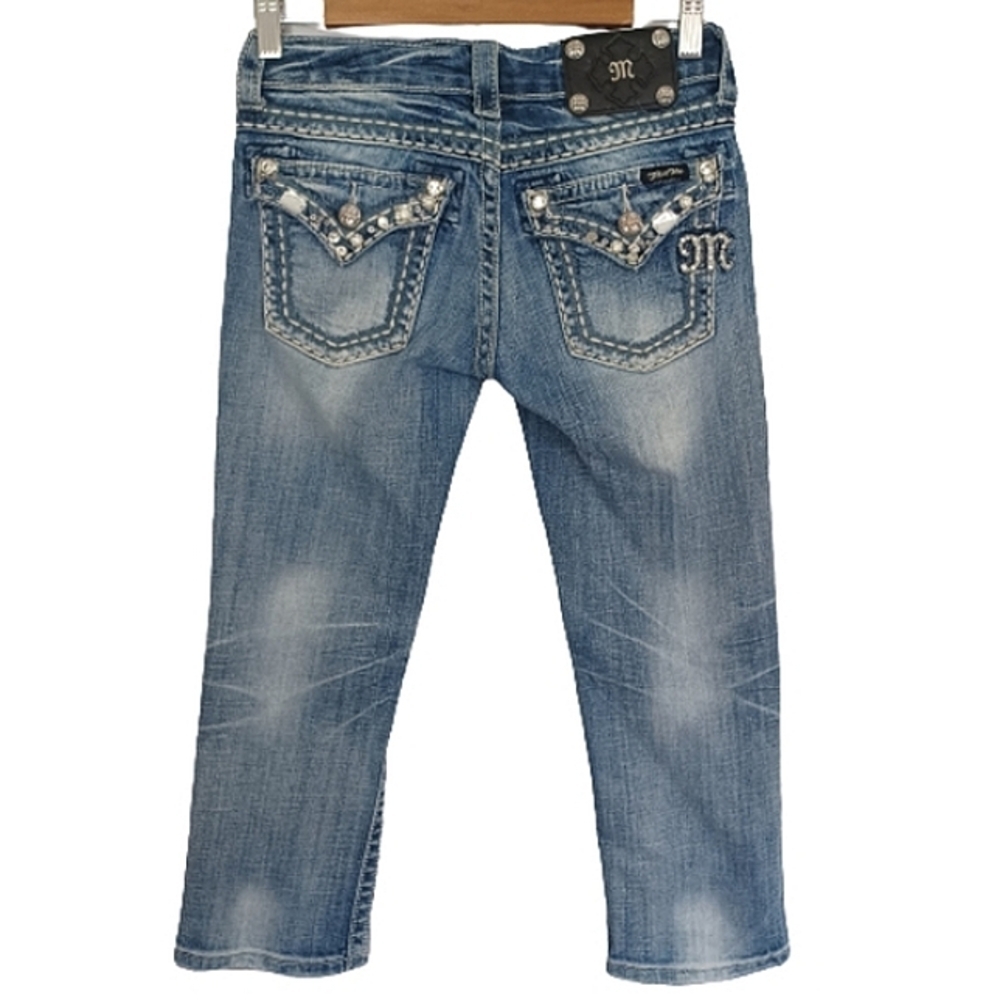 MISS ME Studded Embellished Gem Cropped Distressed Casual Blue Jeans Capri Pants